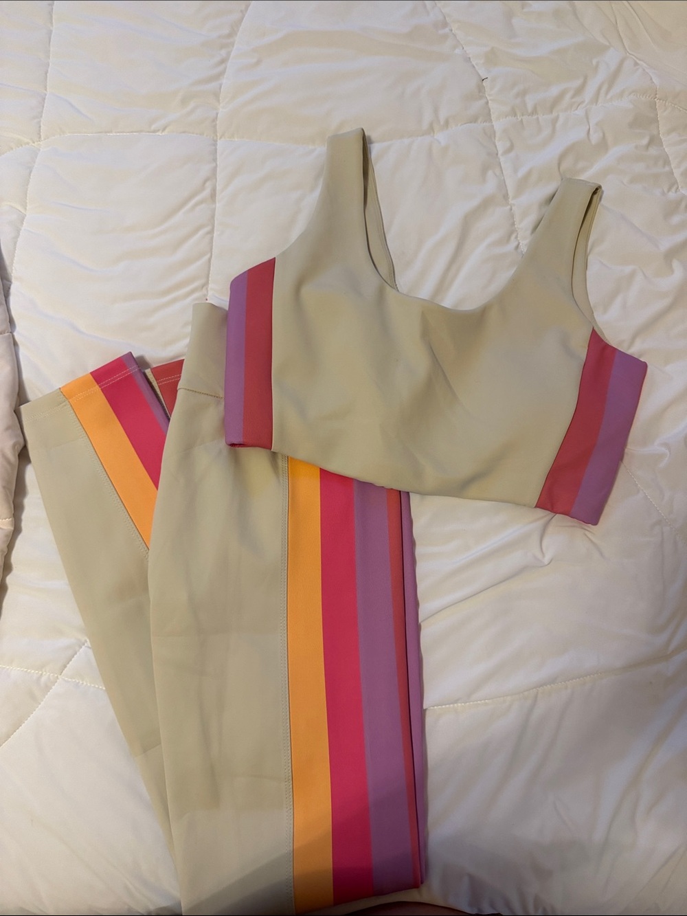 Pink Lily Beige Crop Top and Leggings Set with Pink, Purple & Orange Stripes